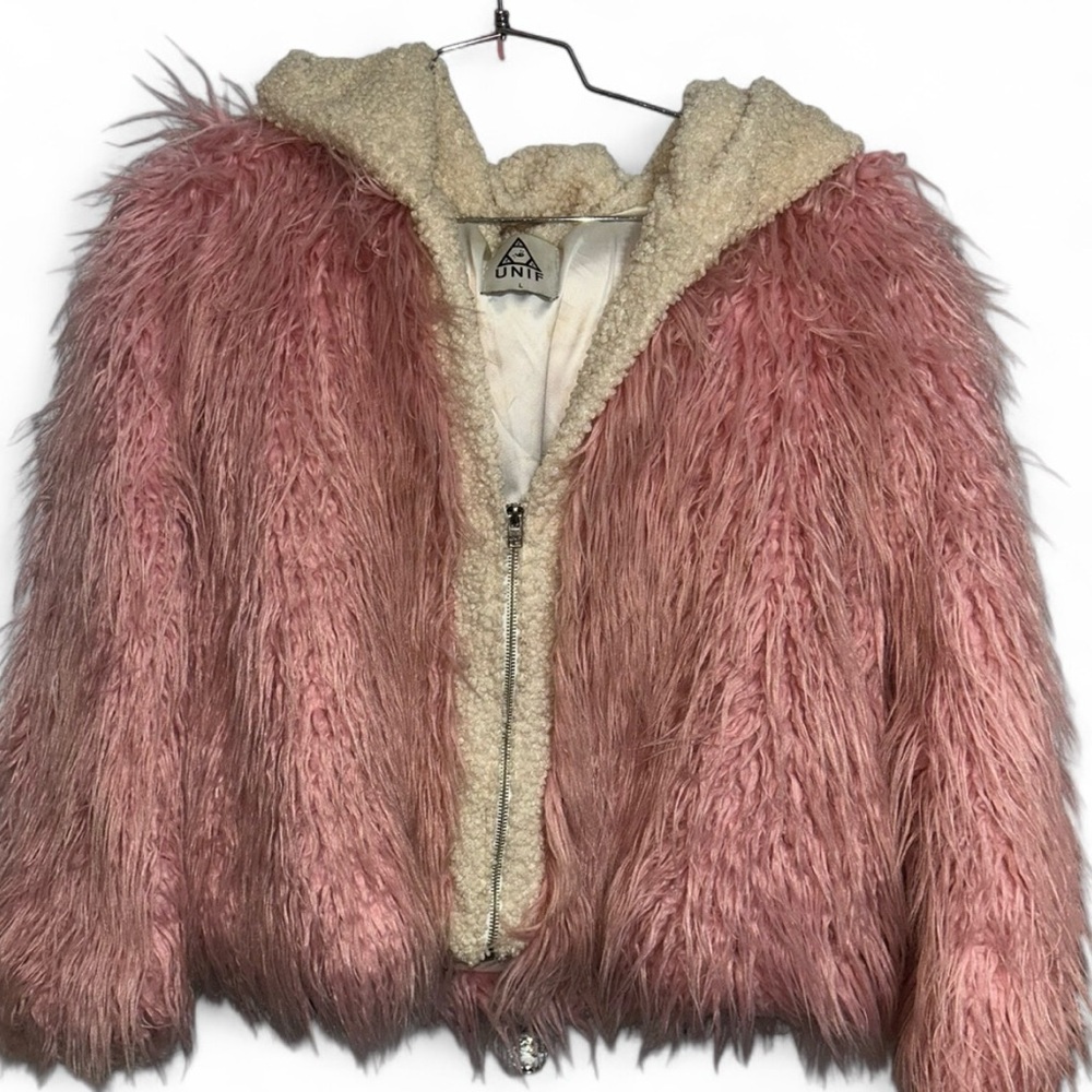 Rare UNIF Pink Faux Fur Hoodie Coat Size L – Gemma Teddy Sherpa Jacket